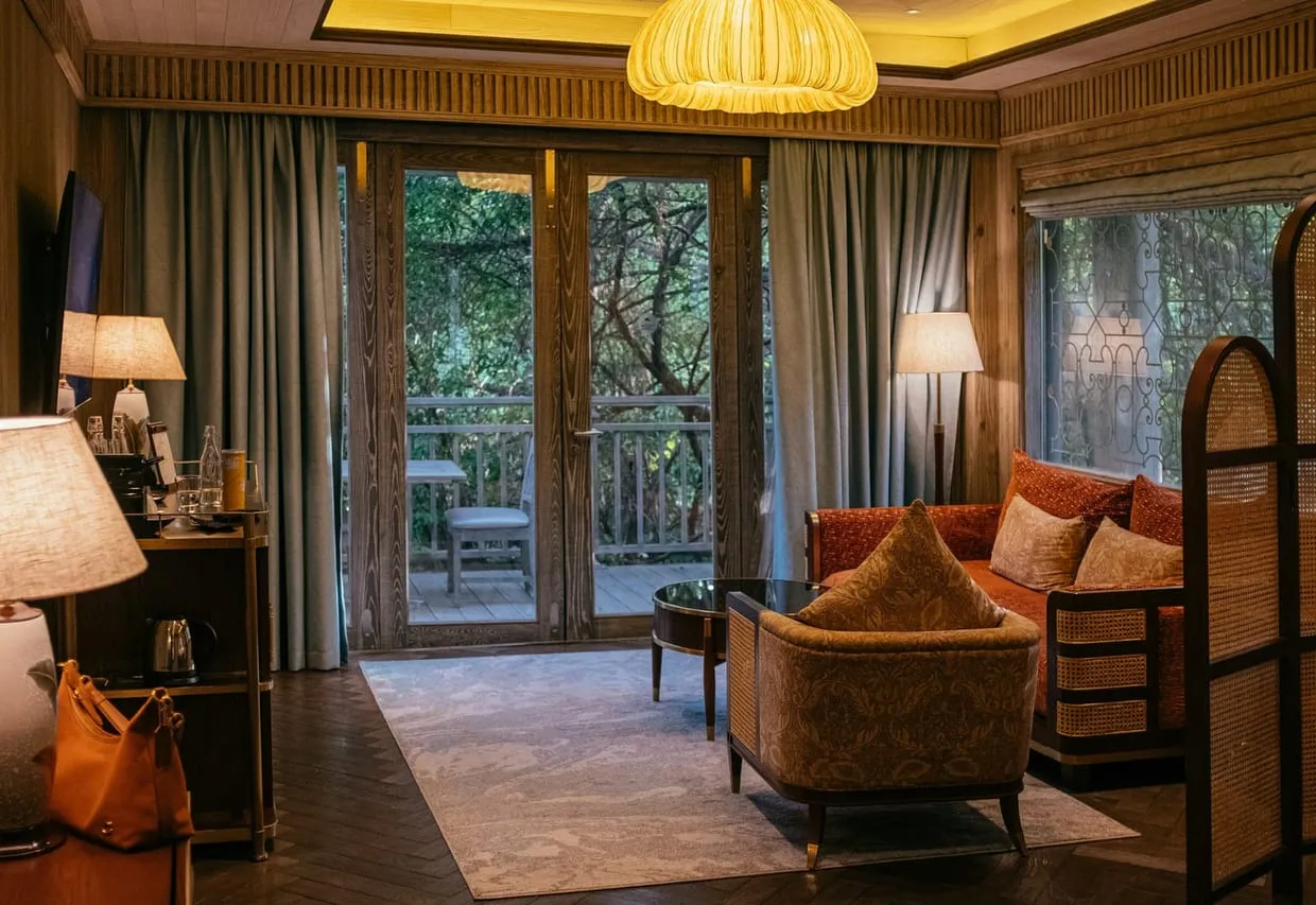 A warmly lit suite sitting room with lamps, a patterned armchair, and glass doors open onto a balcony